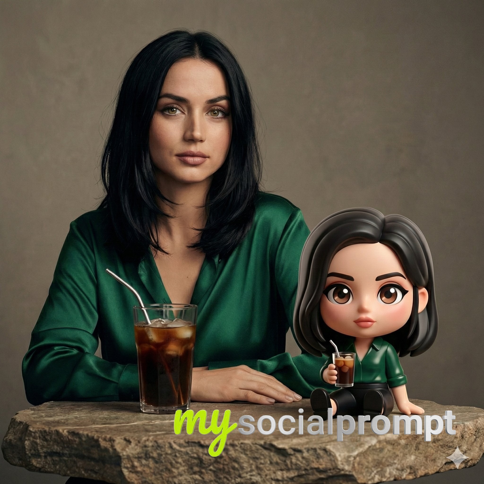 nanobanana prompt: Cinematic Studio Portrait of Ana de Armas with Chibi Cold Brew