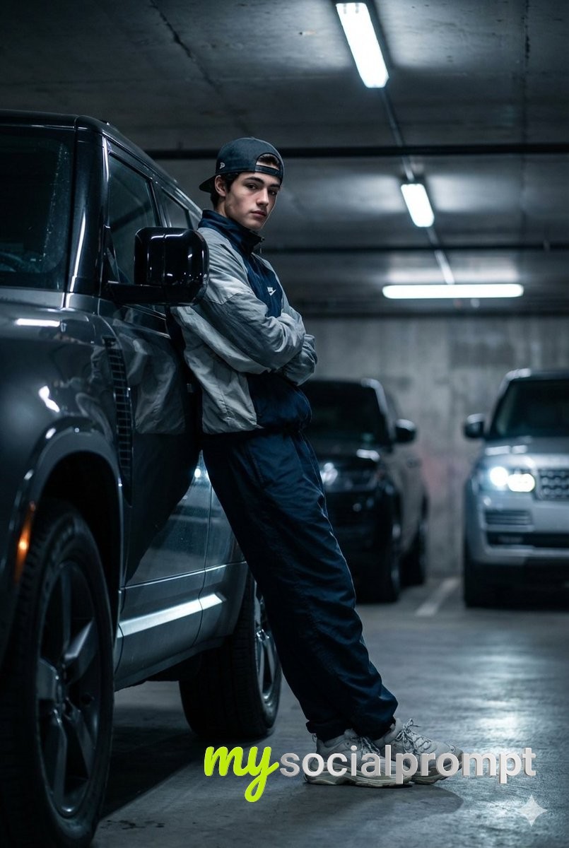 nanobanana prompt: Hyper-realistic Low-Angle Portrait of Urban Youth in Cinematic Garage