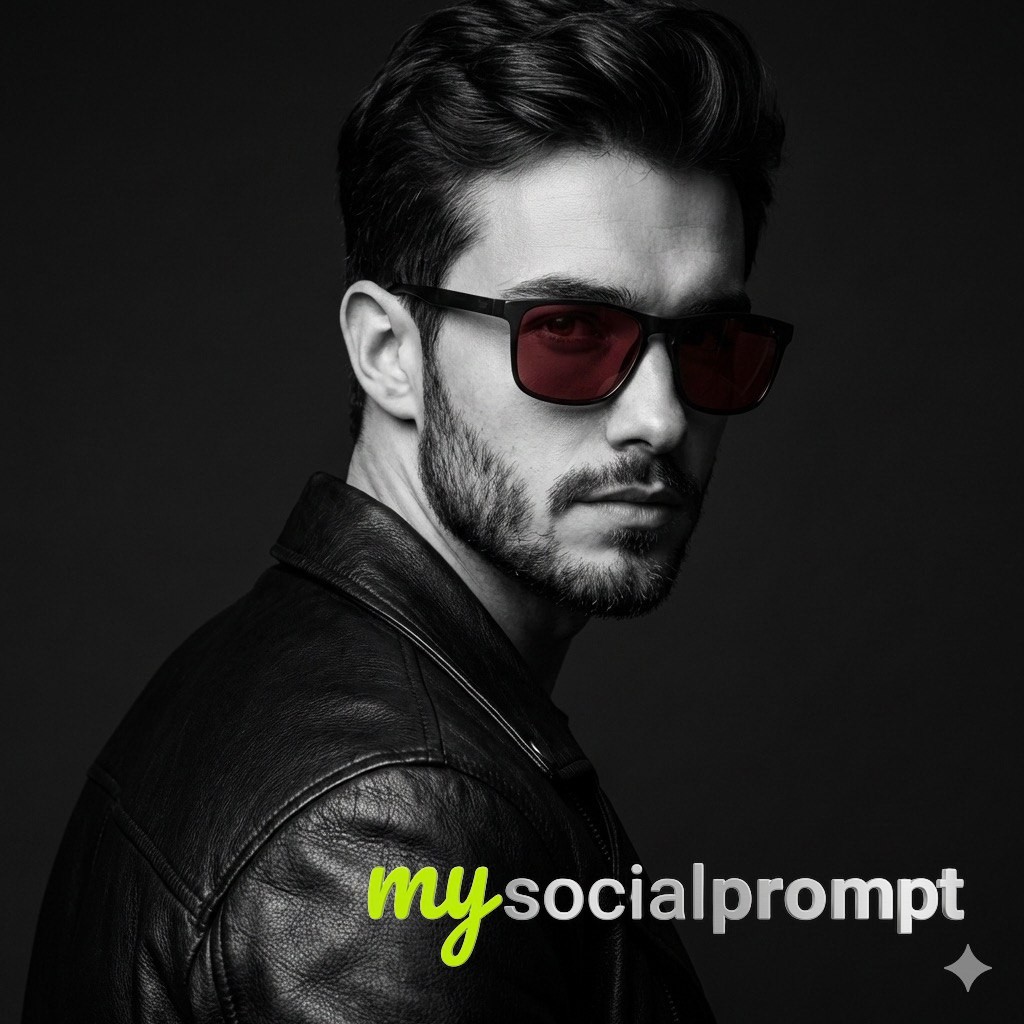 nanobanana prompt: High-Contrast B&W Fashion Portrait with Red-Tinted Sunglasses