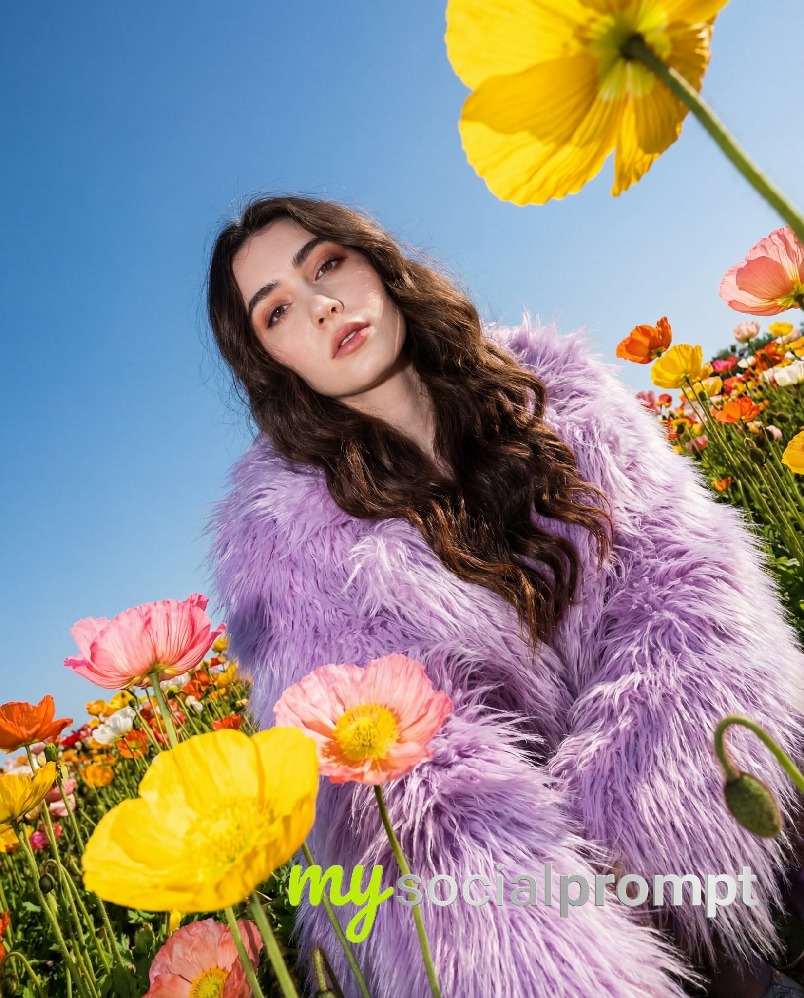 nanobanana prompt: Editorial Fashion Portrait in Poppy Field with Harsh Flash 2