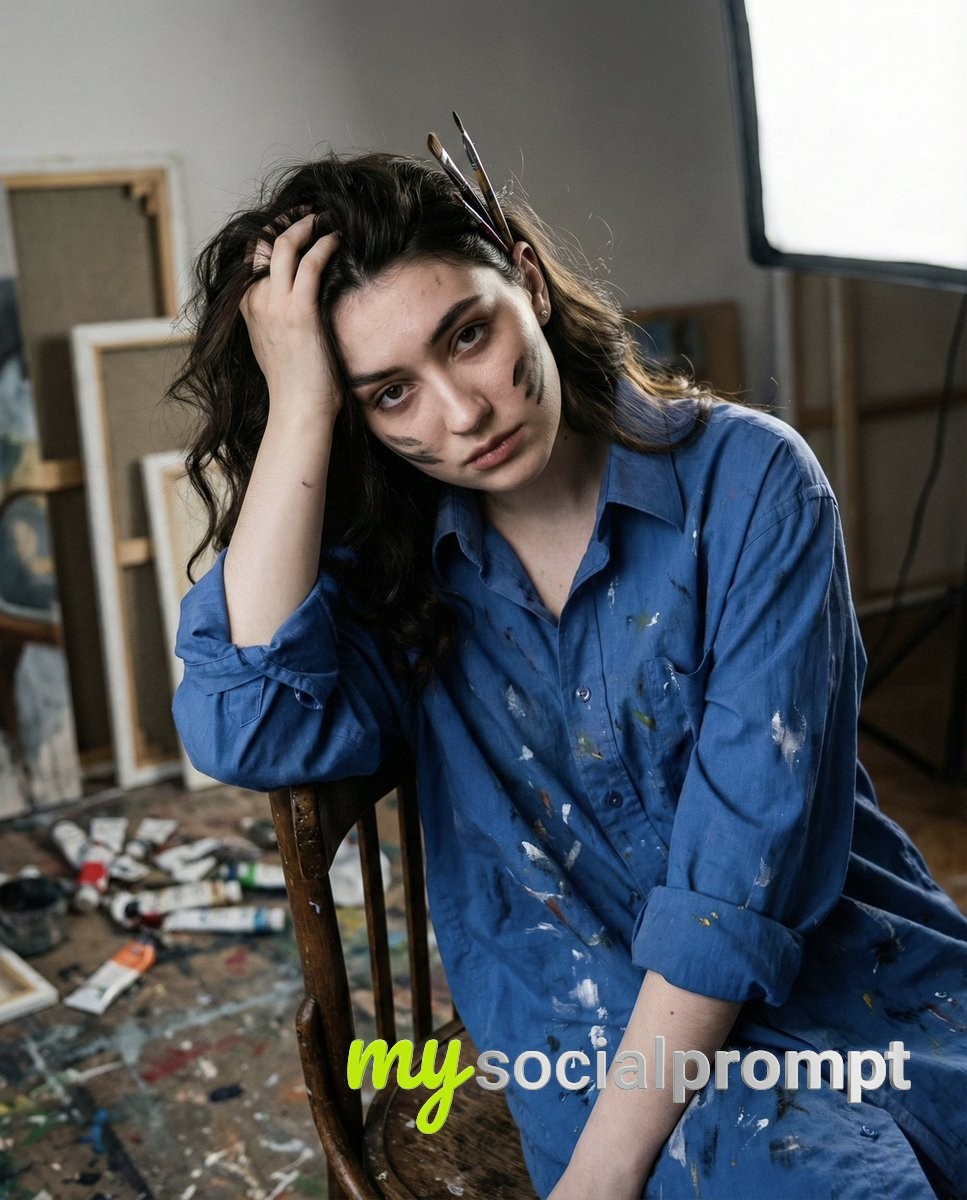 nanobanana prompt: Chiaroscuro Portrait of Artistic Burnout in Studio
