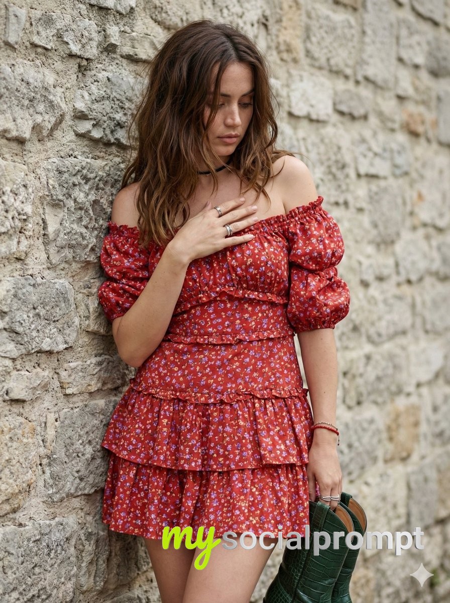 nanobanana prompt: Cinematic Portrait of Ana de Armas in Bohemian Floral Dress 3