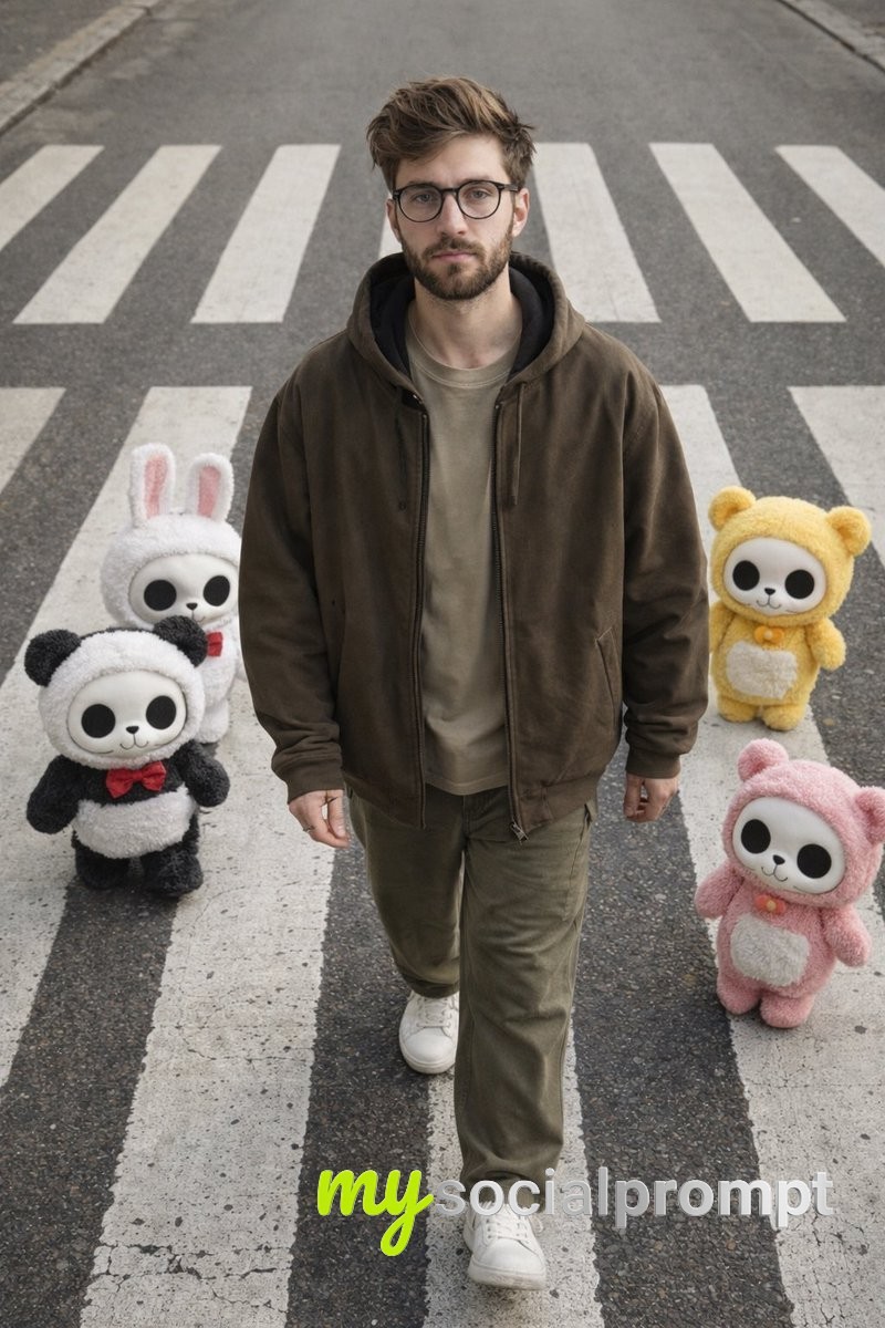 nanobanana prompt: Hyper-realistic Street Photography with Skullpanda Characters