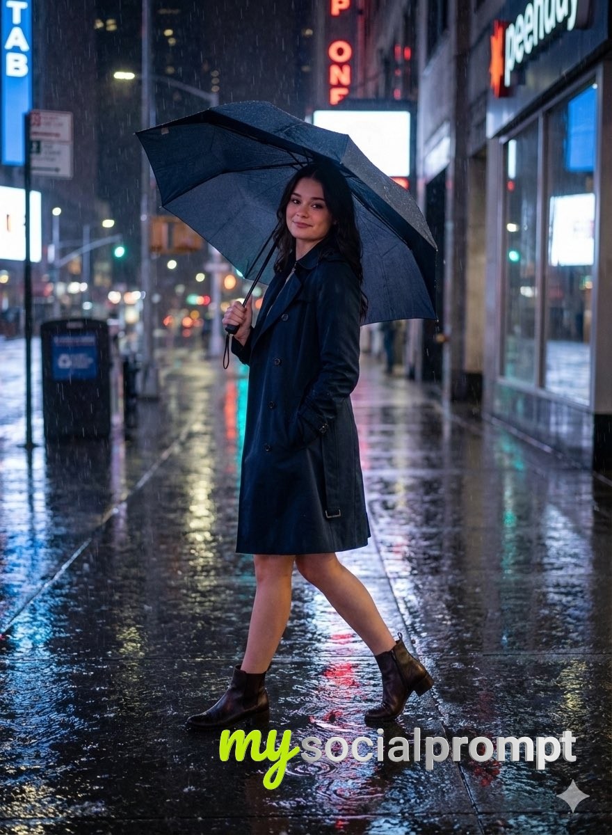 nanobanana prompt: Cinematic Fashion Portrait with Wet Street Reflections