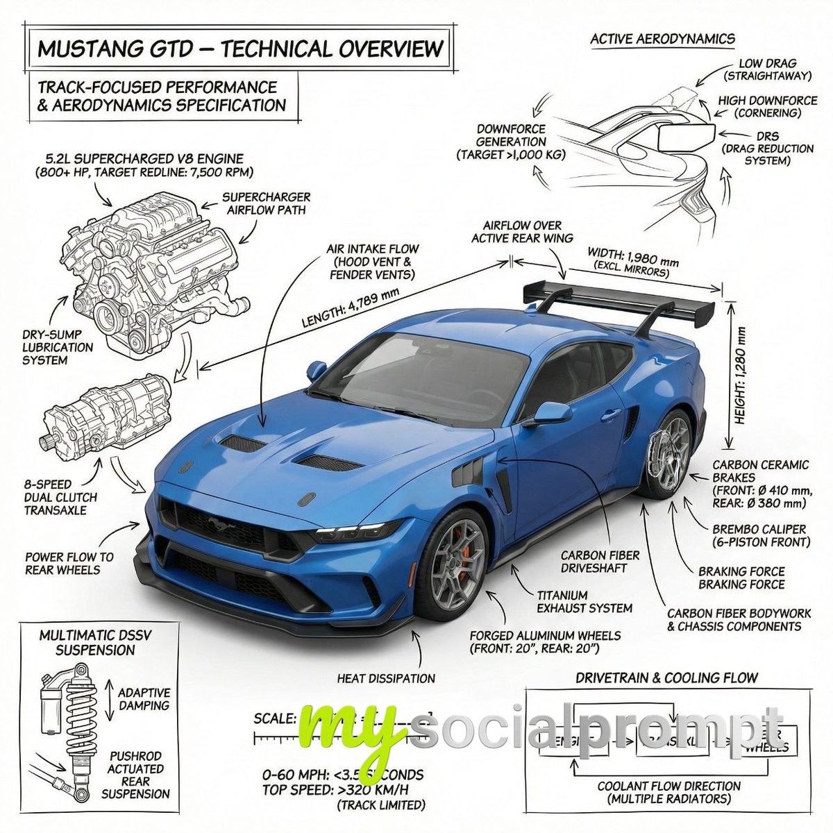 nanobanana prompt: Technical Illustration Infographic of Mustang GTD & Bugatti