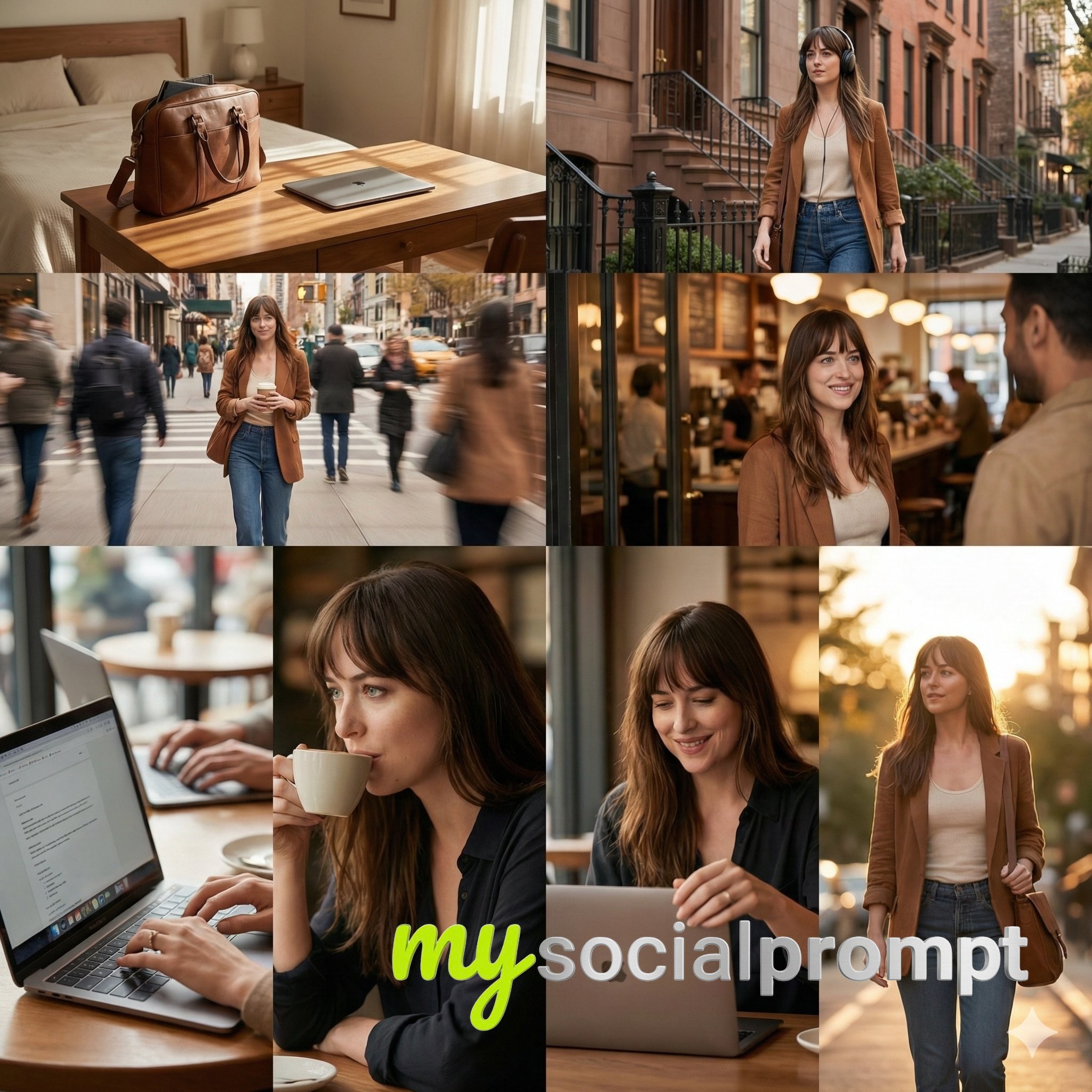 nanobanana prompt: Cinematic 8-Photo Storytelling Collage of a Woman's Daily Journey in Editorial Lifestyle