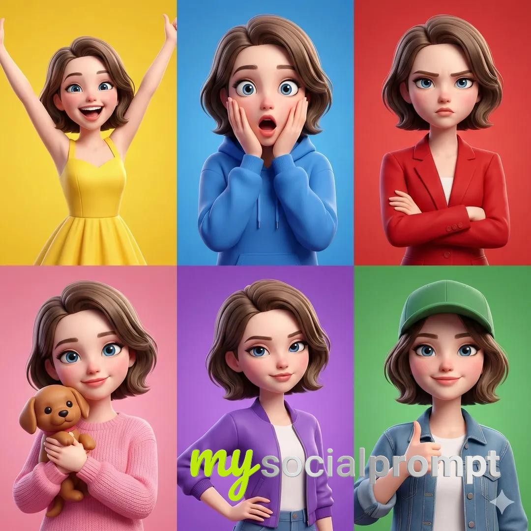 nanobanana prompt: Pixar-Style Character Grid with Emotional Expressions & Vibrant Colors