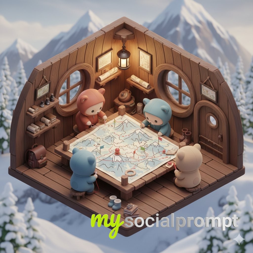 nanobanana prompt: Isometric Kawaii Scene of Chibi Bears Designing Mountain Map