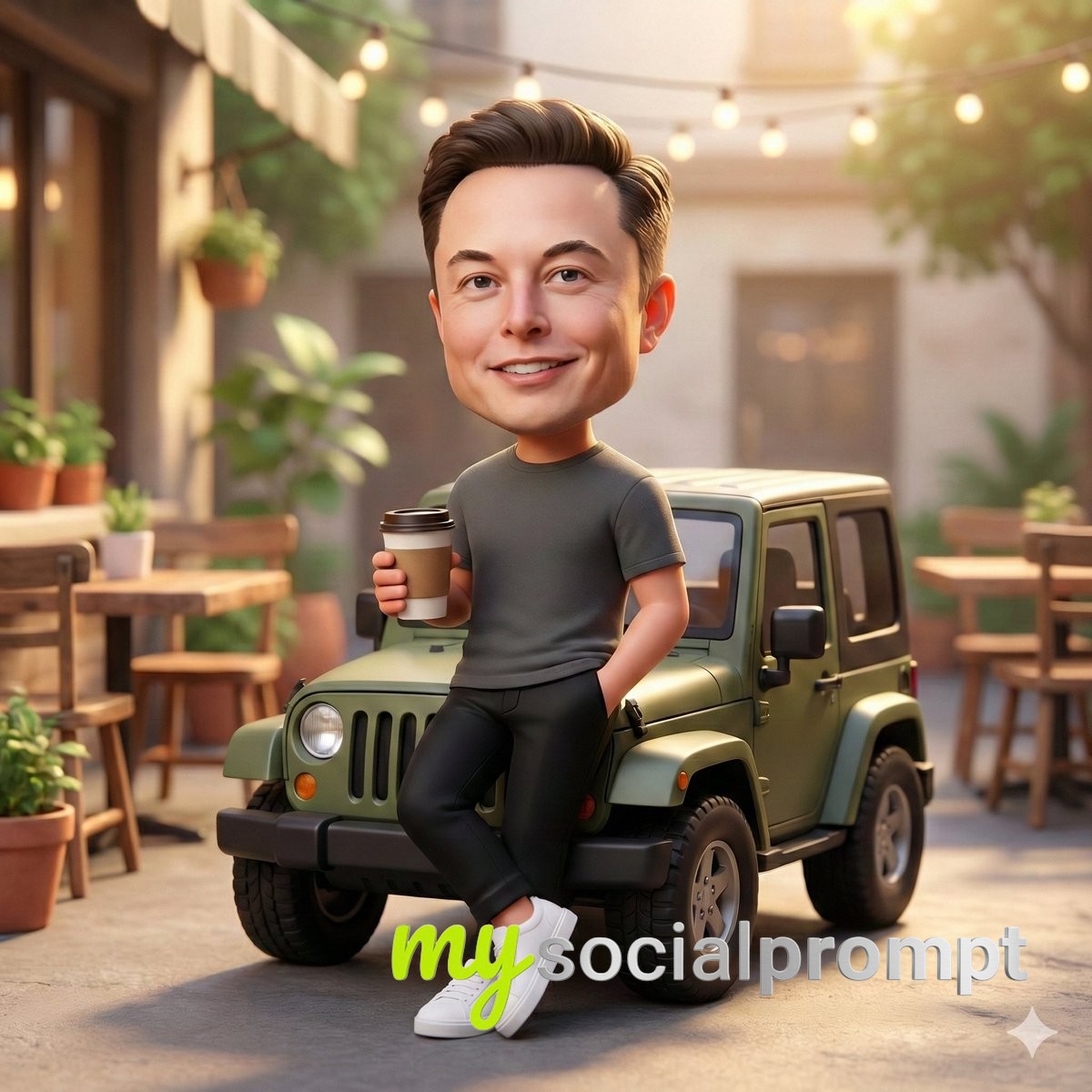 nanobanana prompt: Chibi Character in Cozy Café Courtyard with Cinematic Lighting 3
