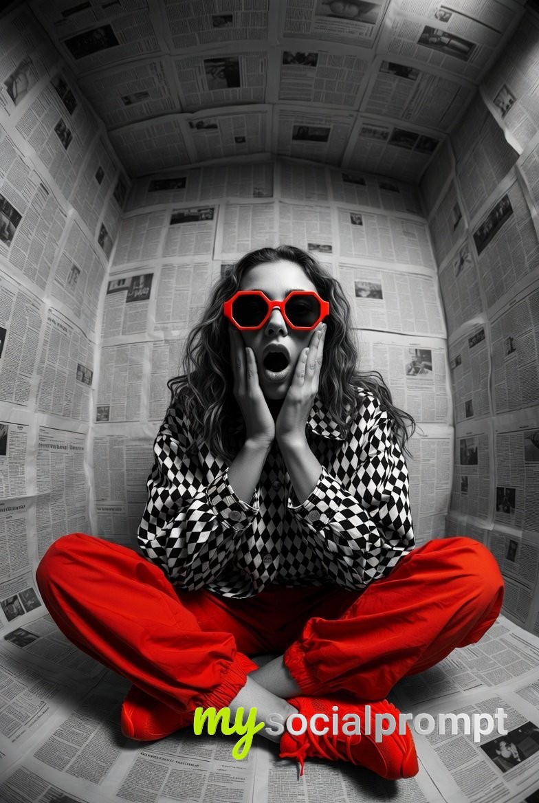 nanobanana prompt: Hyper-Realistic Editorial with Red Accents and Newspaper Room