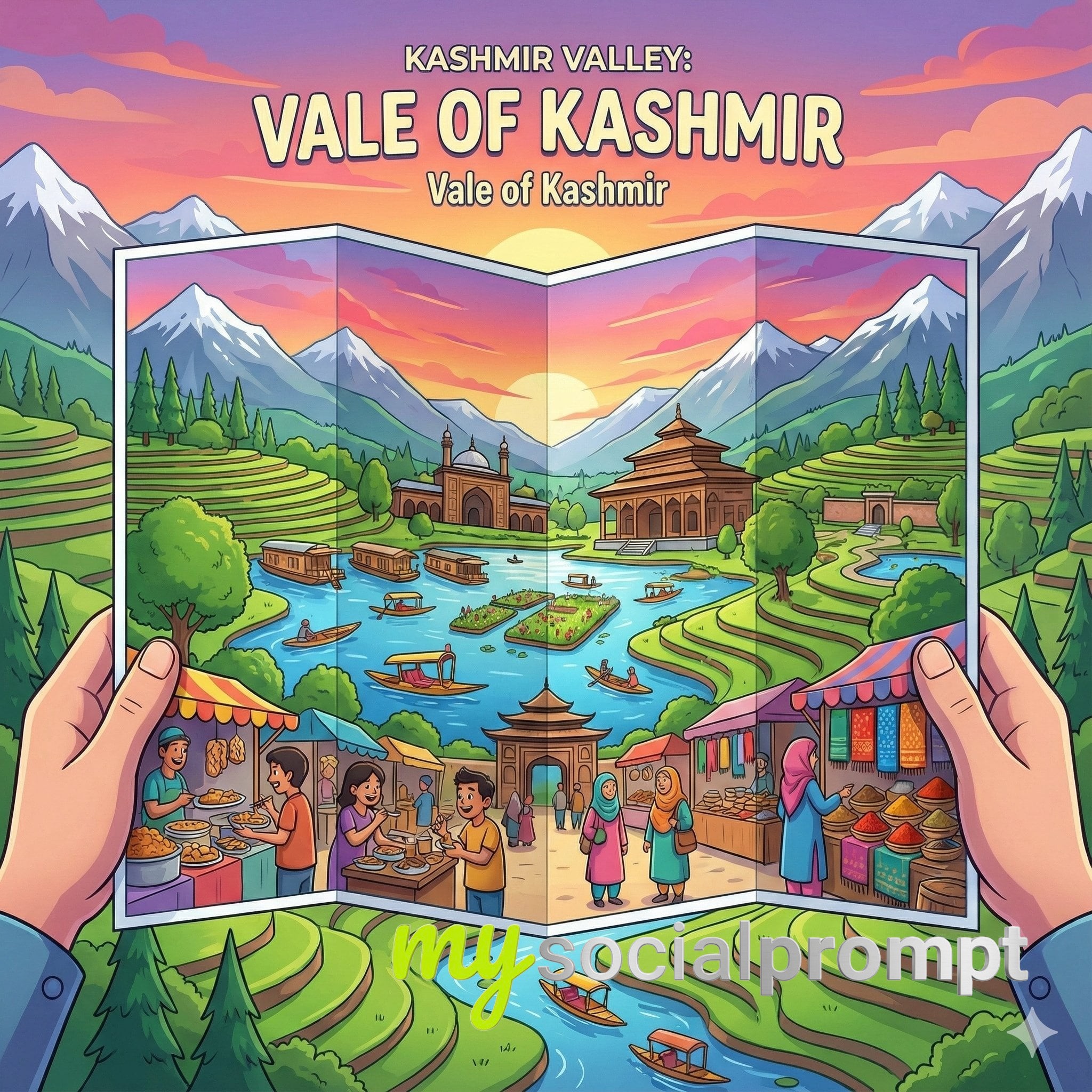 nanobanana prompt: Pixar-Inspired Kashmiri Travel Poster with Hands Holding Brochure