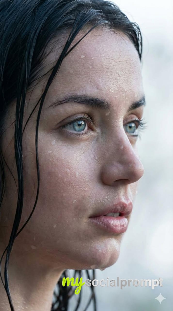nanobanana prompt: Hyper-realistic Wet Portrait with Cinematic Lighting & Natural Textures