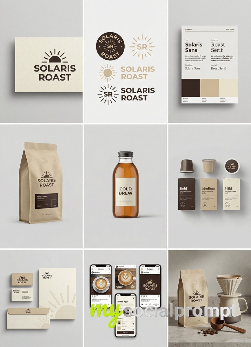 nanobanana prompt: Minimalist Brand Identity Grid with Cohesive Visual System