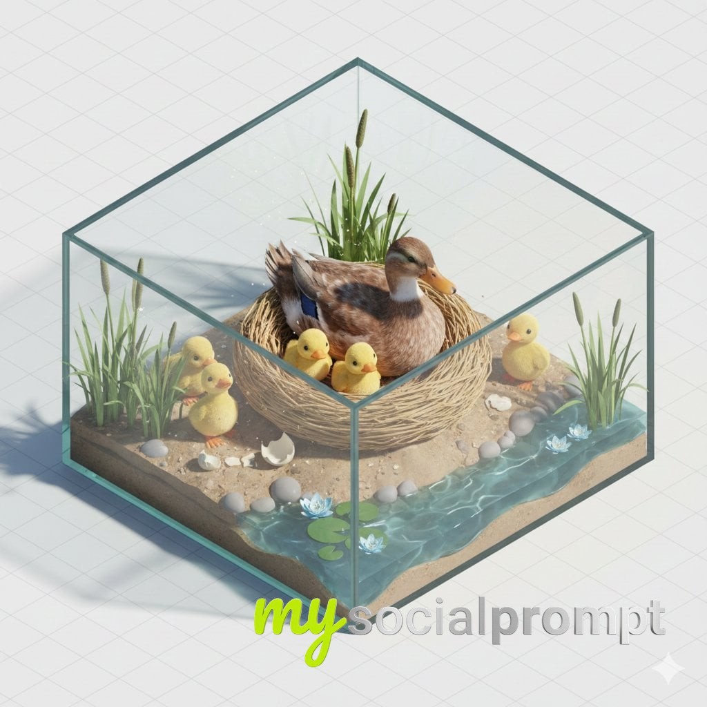 nanobanana prompt: Isometric Pastel Parrot Nest Diorama – Mother Feeding Chicks in Wholesome Storybook Style