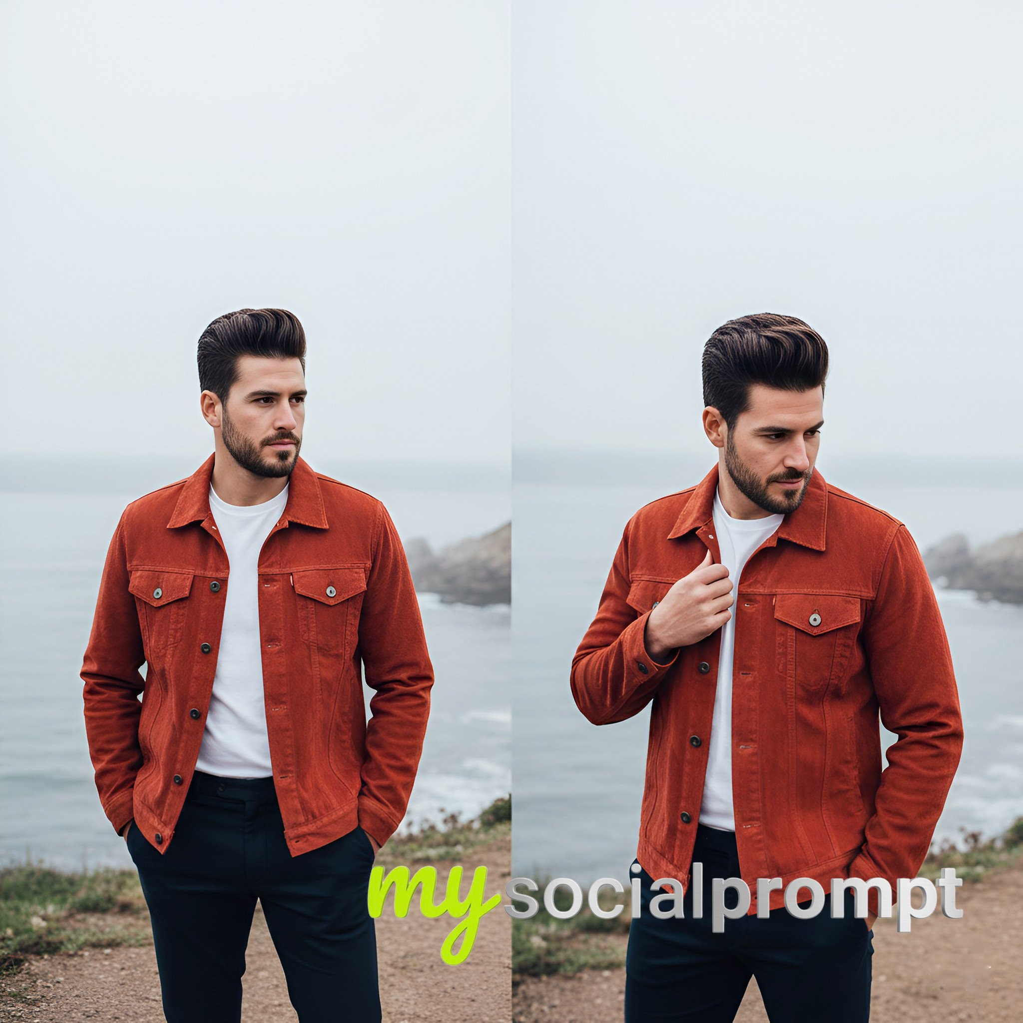nanobanana prompt: Coastal Cliffside Lifestyle Portrait with Cinematic Color Grading
