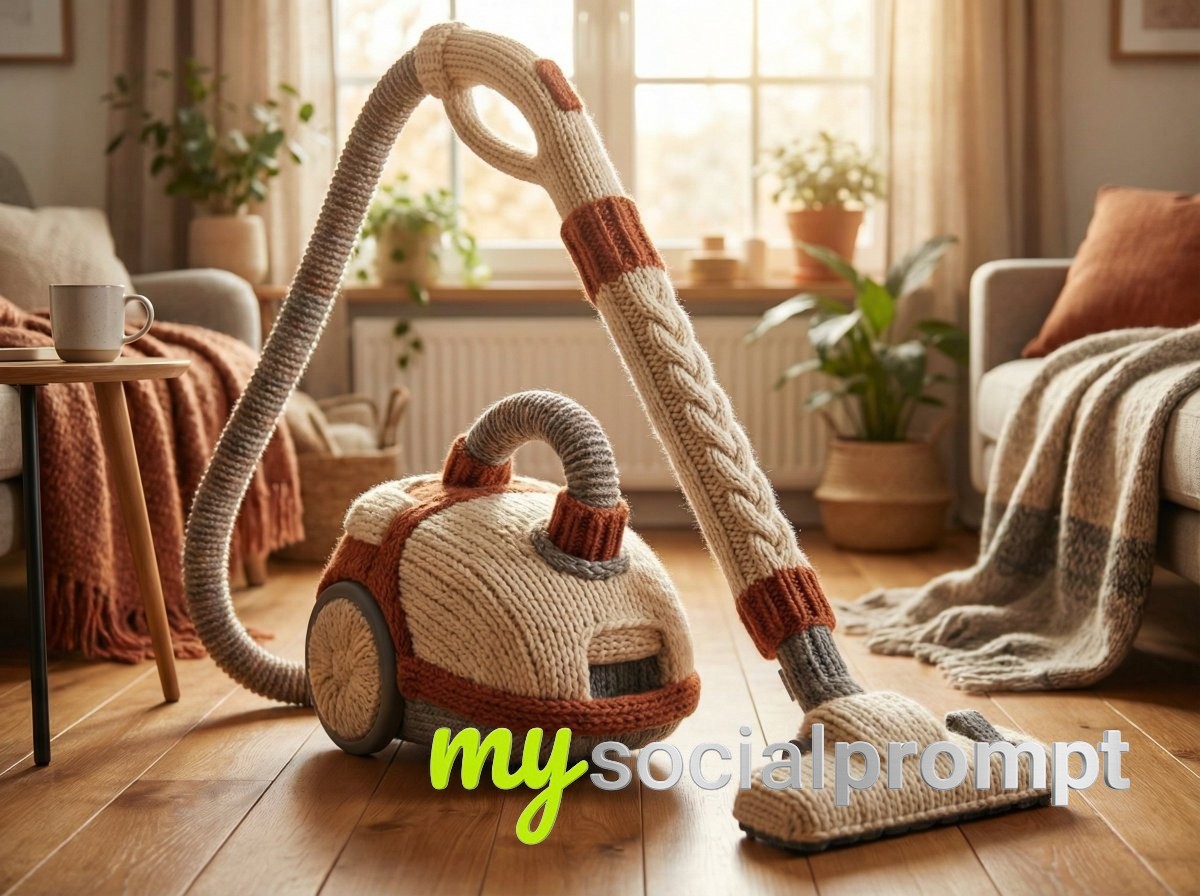 nanobanana prompt: Hand-Knitted Wool Yarn Object – Soft Industrial Design, Hygge Aesthetic