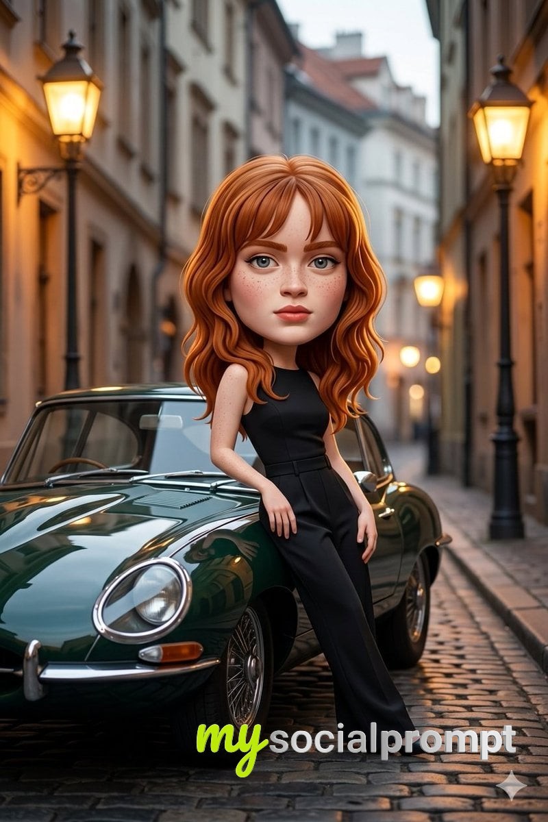 nanobanana prompt: Cinematic 3D Caricature in Vintage Street Scene with Classic Car