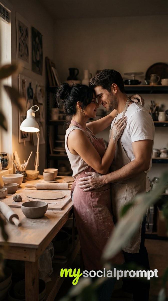 nanobanana prompt: Cinematic Pottery Studio Embrace with Warm Film Lighting