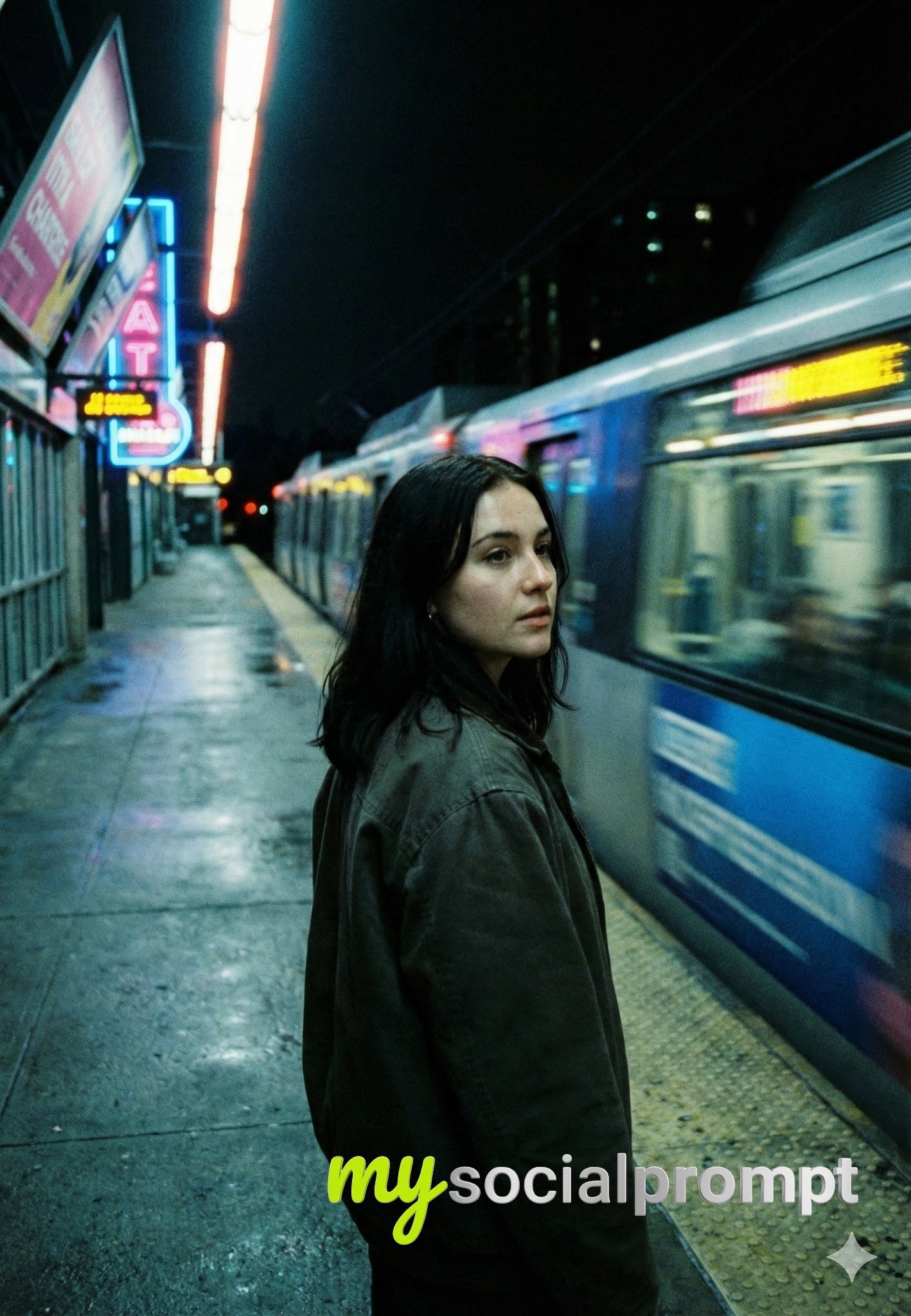 nanobanana prompt: Neo-Noir Metro Scene with Cinematic Lighting & Motion Blur