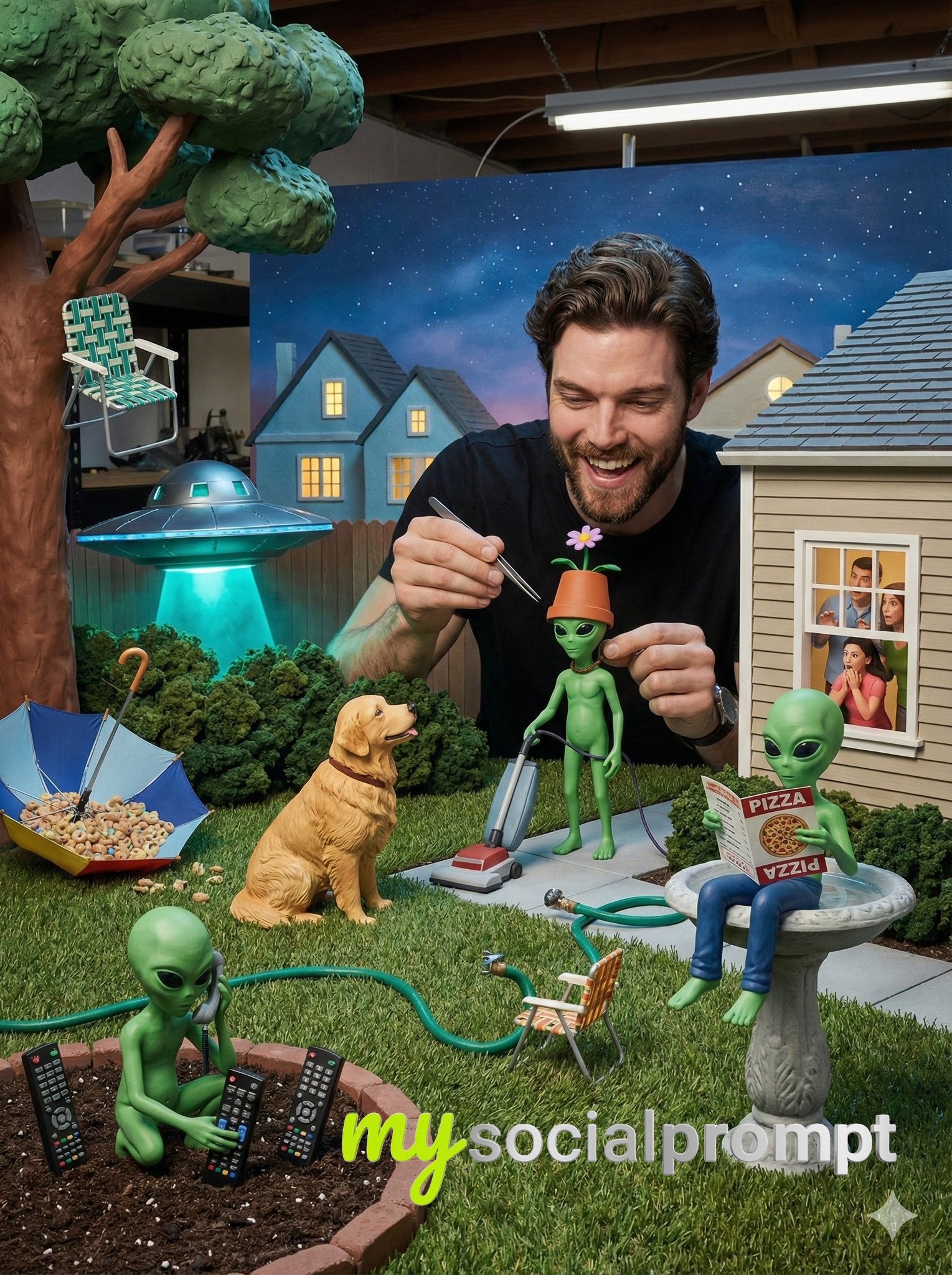 nanobanana prompt: Hyper-detailed Diorama with Alien Misusing Suburban Objects