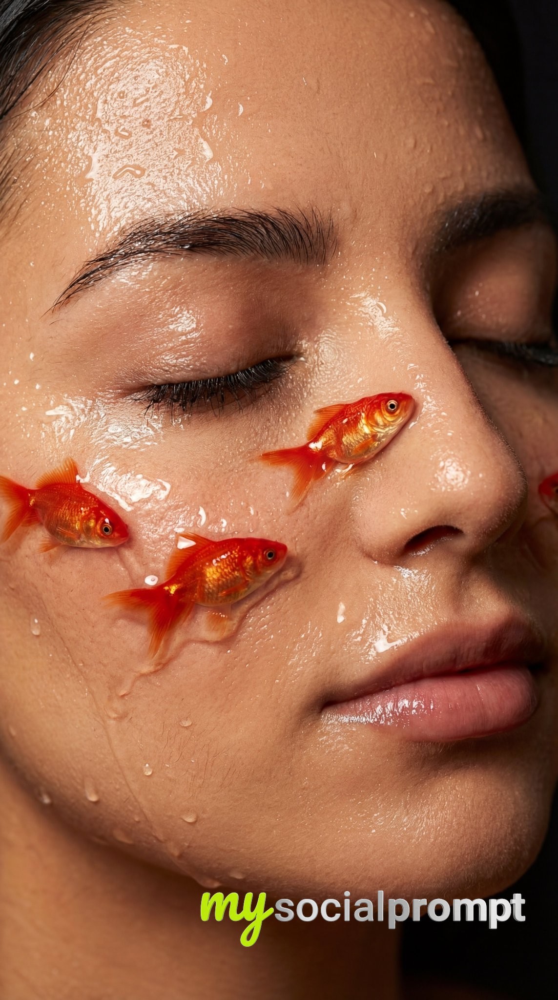 nanobanana prompt: Ultra-Real Macro Beauty: Wet Skin with Swimming Goldfish