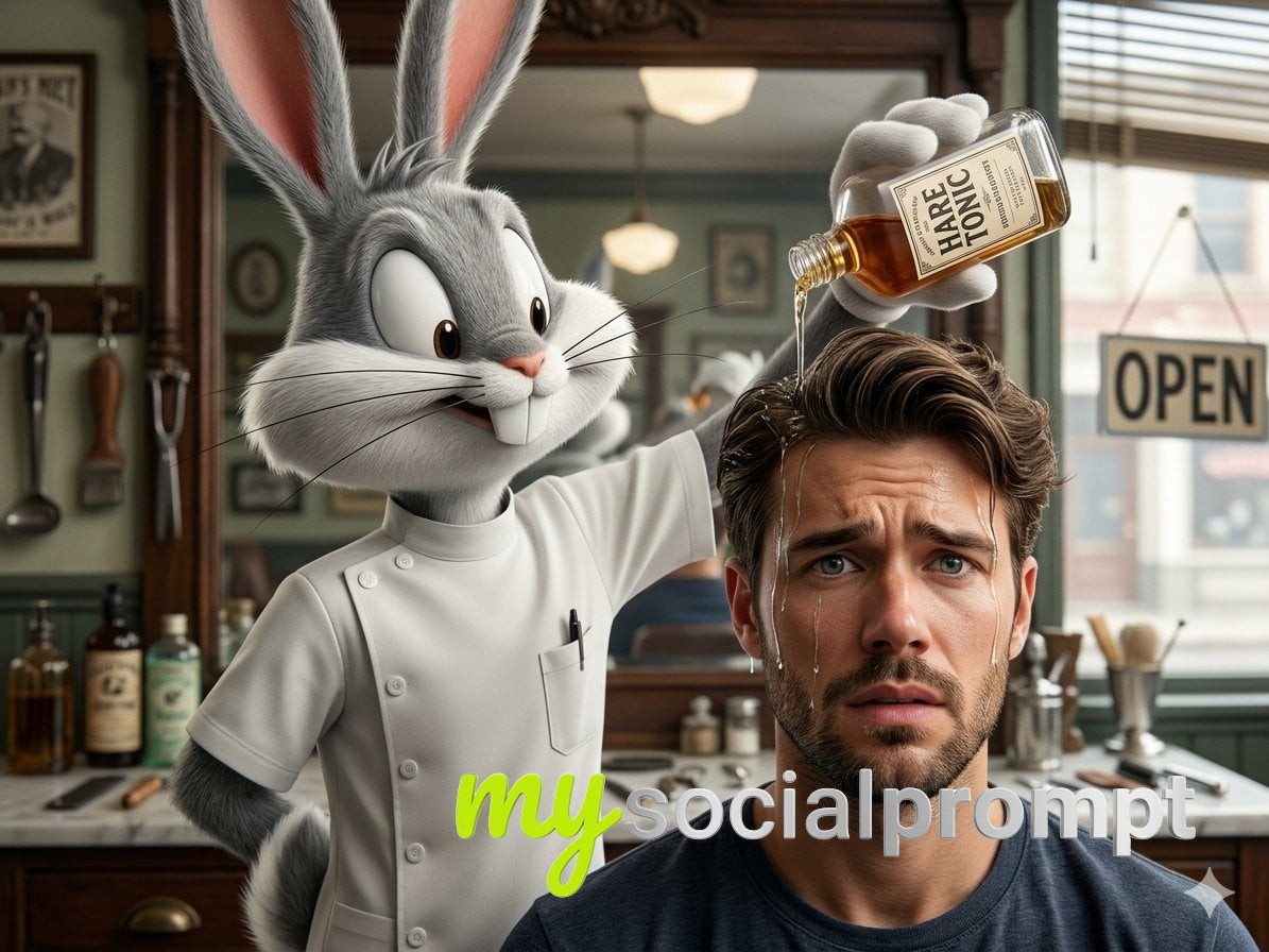 nanobanana prompt: Hyper-realistic Bugs Bunny Barber Pouring Hare Tonic, Cinematic 8K