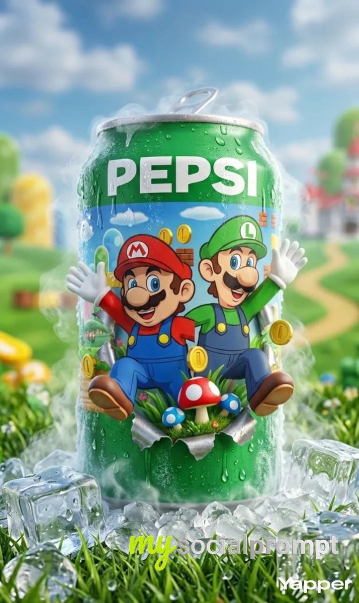 nanobanana prompt: Cinematic Macro Shot of Chilled Blue Pepsi Can with Mario & Luigi Artwork on Grass 2