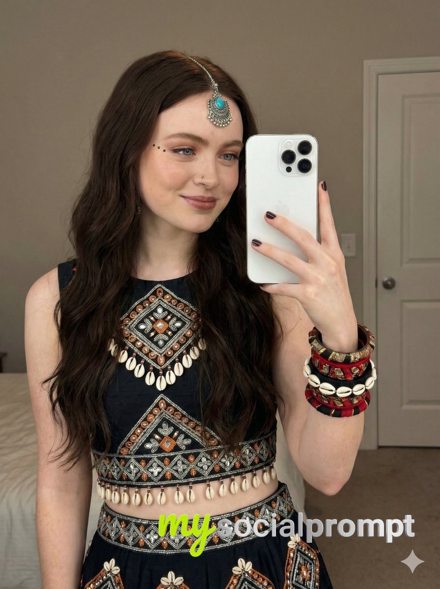 nanobanana prompt: Bohemian-Indian Fusion Portrait with Cinematic Mirror Selfie 2