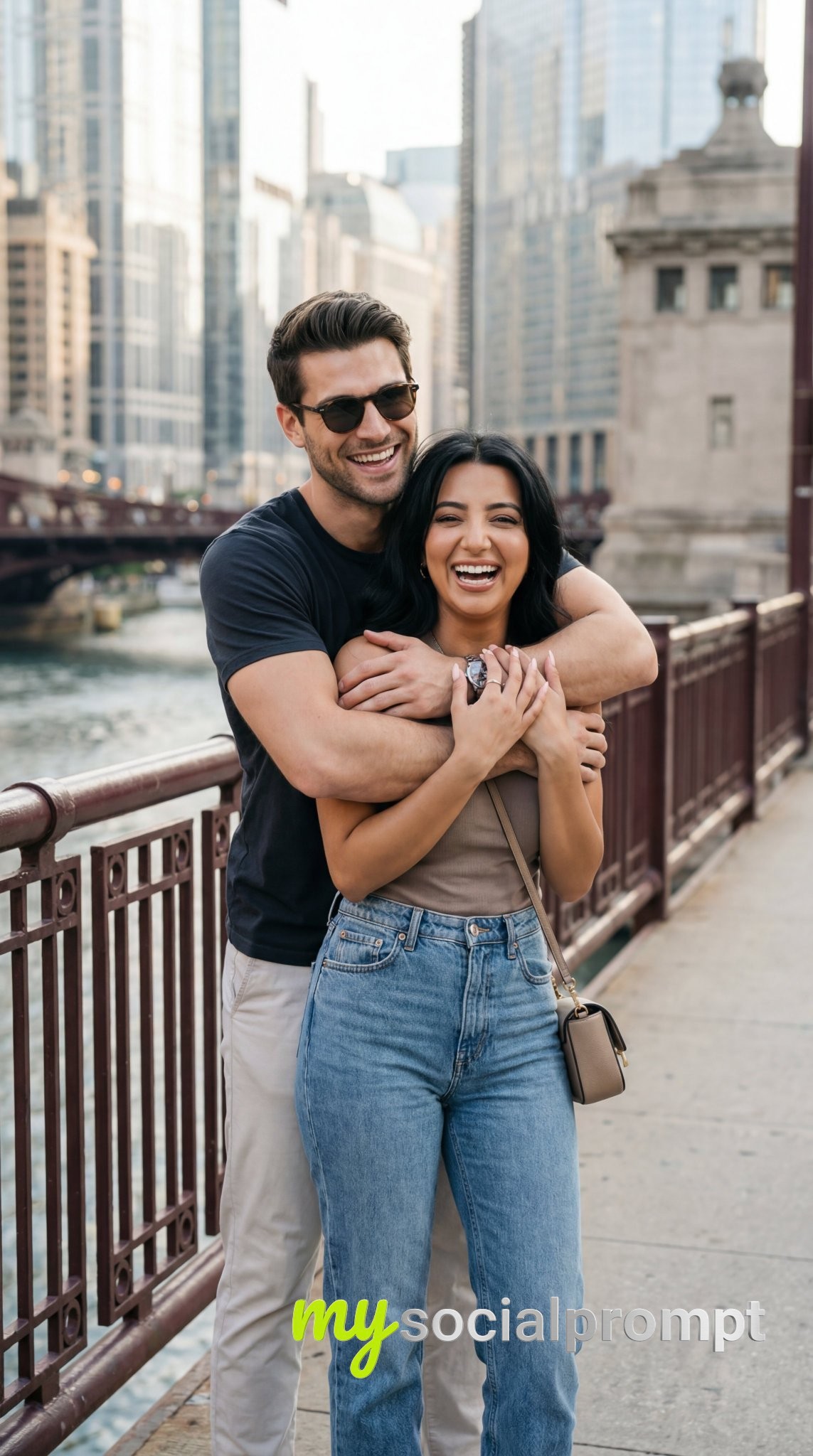 nanobanana prompt: Candid Couple Portrait with Cinematic Daylight & Urban Bridge Setting
