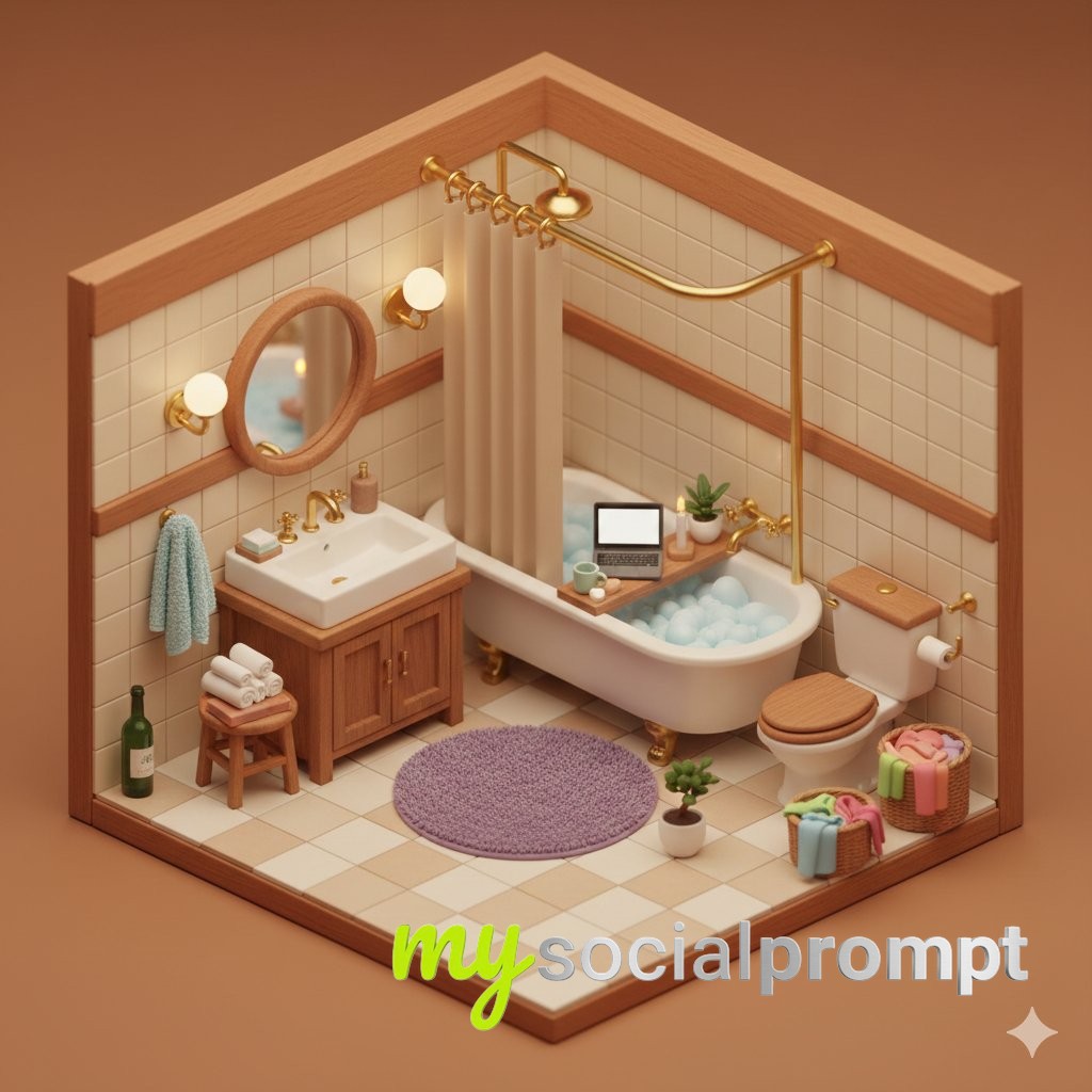 nanobanana prompt: Isometric Miniature Bathroom Diorama with Warm Terracotta Palette