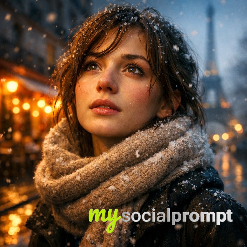 nanobanana prompt: Parisian Winter Portrait with Cinematic Lighting & Bokeh Effects 2