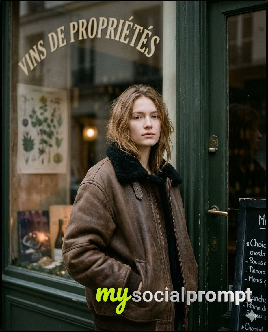 nanobanana prompt: Moody Paris Street Portrait with Vintage Shopfront and Cinematic Film Grain