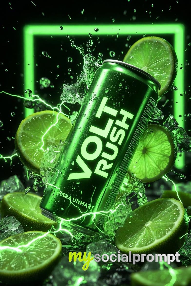 nanobanana prompt: Ultra-Cinematic Product Photography – Neon-Green Energy Drink with Citrus Splash and Electric Sparks 4