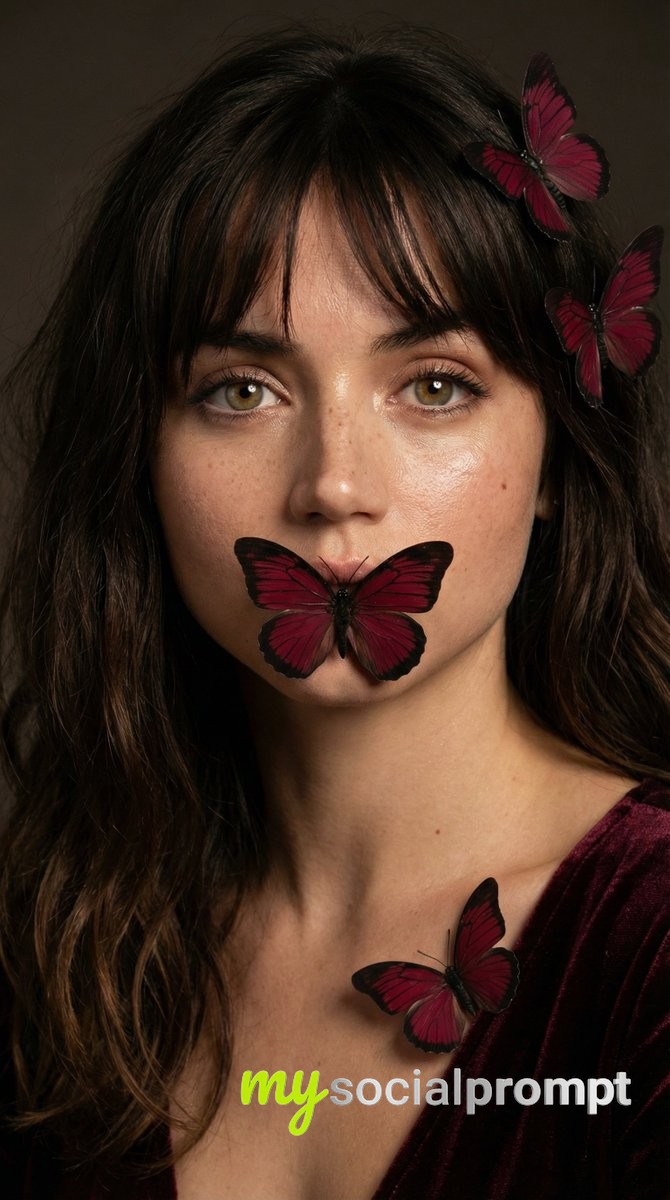 nanobanana prompt: Intimate Portrait with Velvet & Butterfly Accents