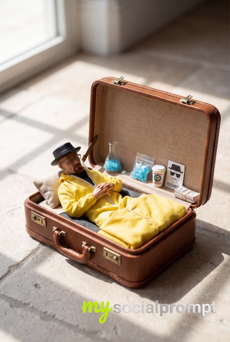 nanobanana prompt: Hyper-Realistic Miniature Portrait in Vintage Suitcase with Cinematic Lighting 2