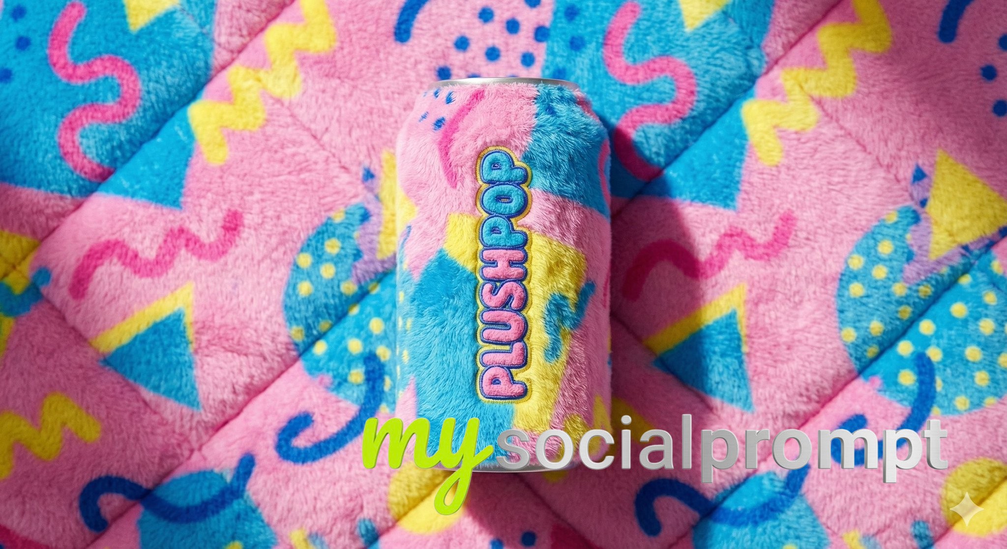 nanobanana prompt: Plush Fabric Beverage Can in Memphis Design Style 4