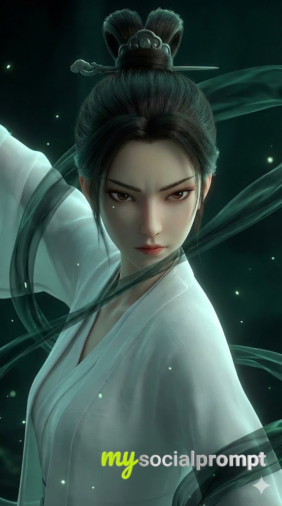 nanobanana prompt: Cinematic 3D Chinese Animation Heroine with Fluid Energy