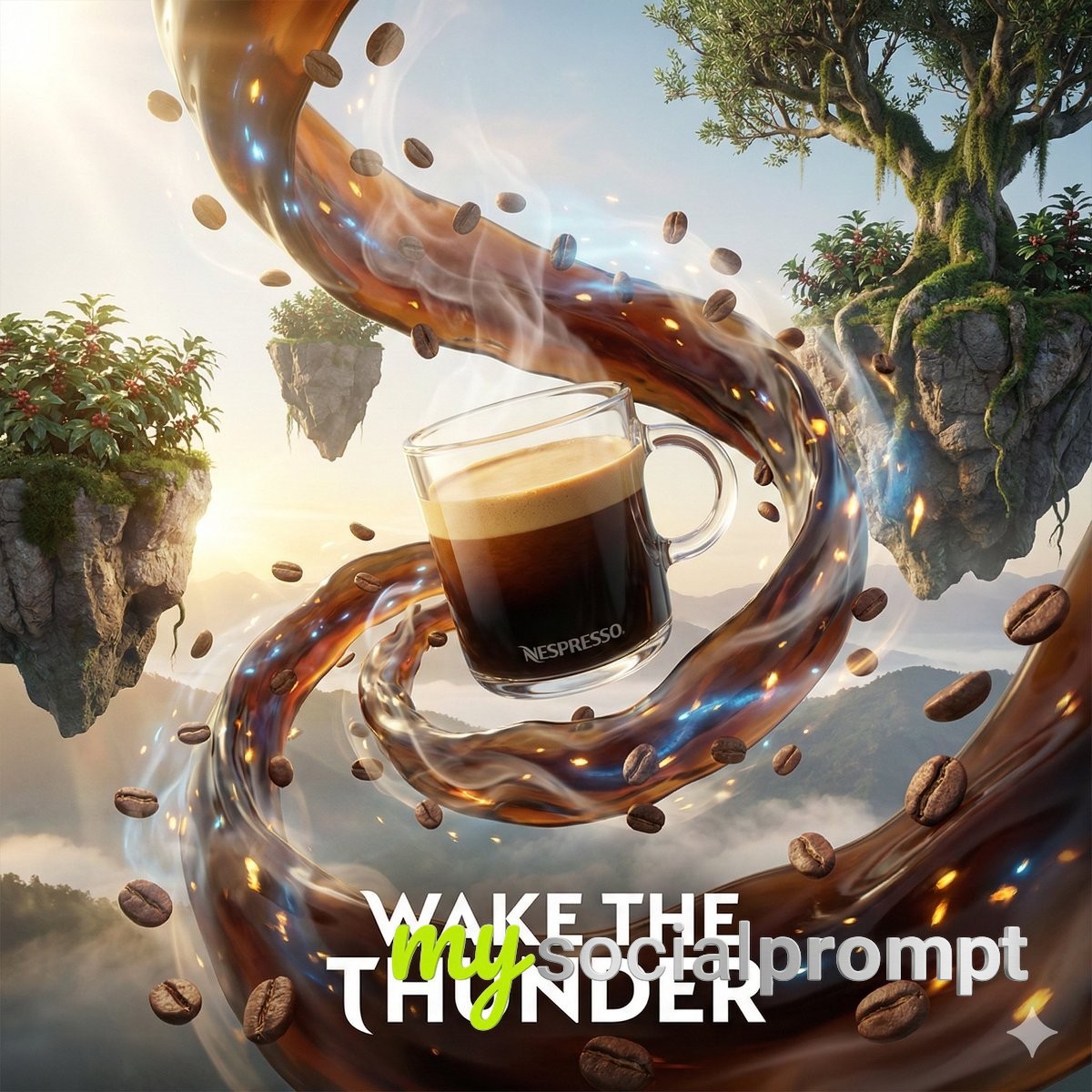 nanobanana prompt: Surreal Cinematic 3D Ads: Floating Product in Magical Fantasy Landscape 4