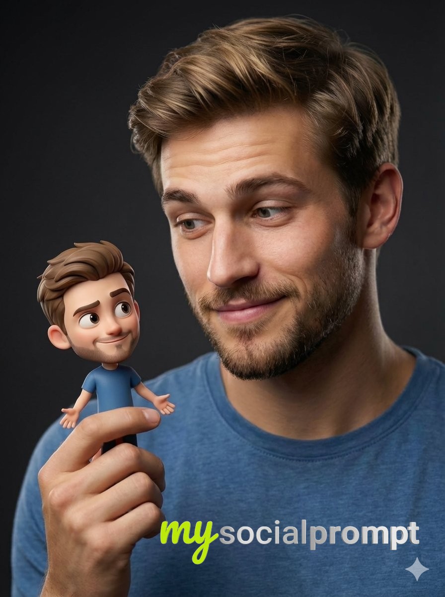 nanobanana prompt: Hyper-realistic Studio Portrait with Pixar-style Miniature Character