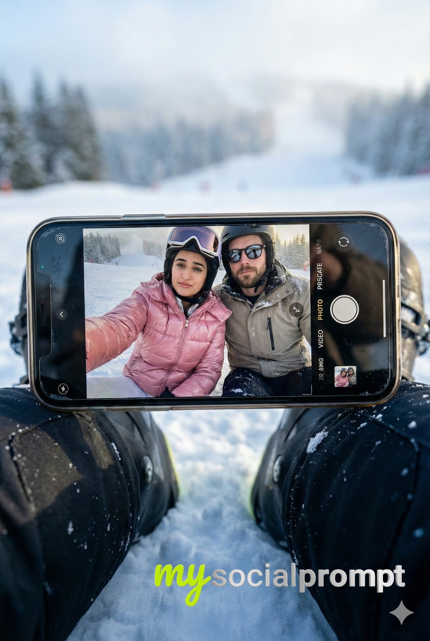 nanobanana prompt: Hyper-realistic Winter Scene with Cinematic iPhone Selfie Composition