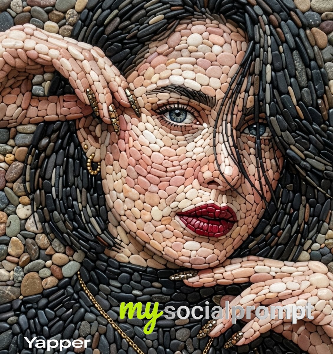 nanobanana prompt: Pebble Mosaic Portrait: Textured Stone Woman in Red Dress
