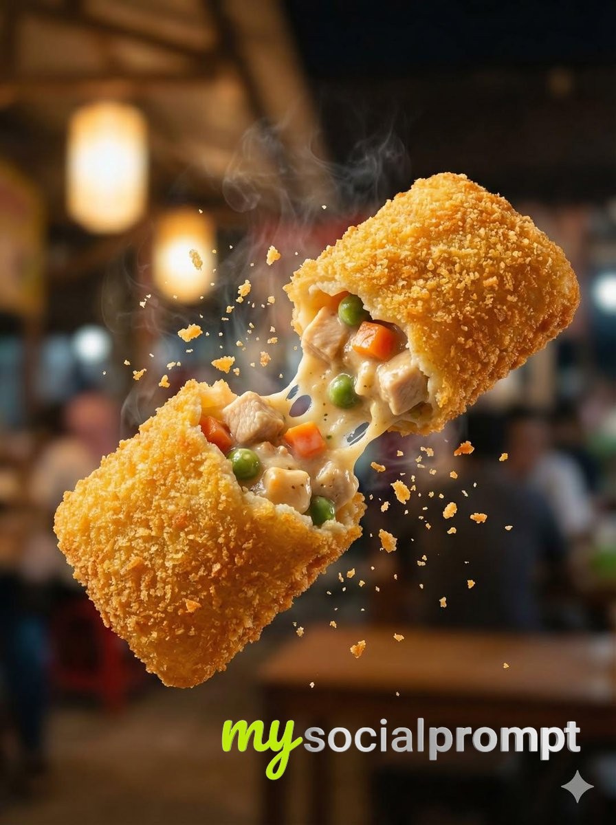 nanobanana prompt: Macro Tear of Crispy Martabak Telur: Golden Wrapper Shattering with Beef and Egg Burst - AI Prompt Image 2