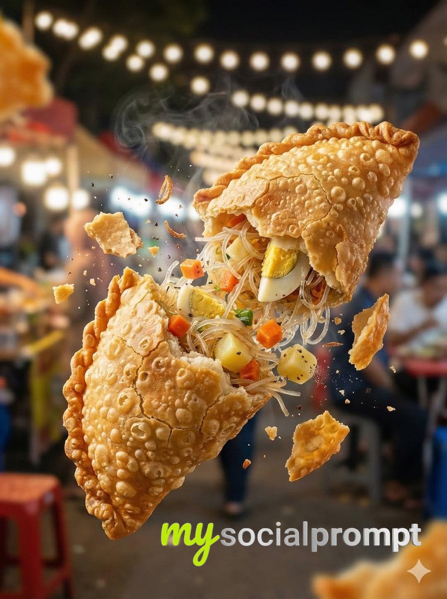 nanobanana prompt: Macro Tear of Crispy Martabak Telur: Golden Wrapper Shattering with Beef and Egg Burst - AI Prompt Image 3