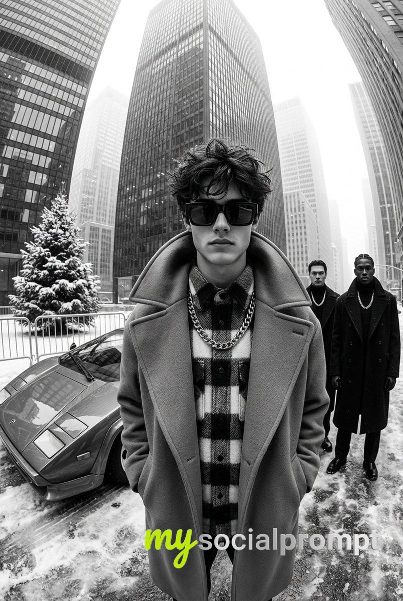 nanobanana prompt: High-Contrast Monochrome Street Fashion Editorial with Ultra-Wide Perspective