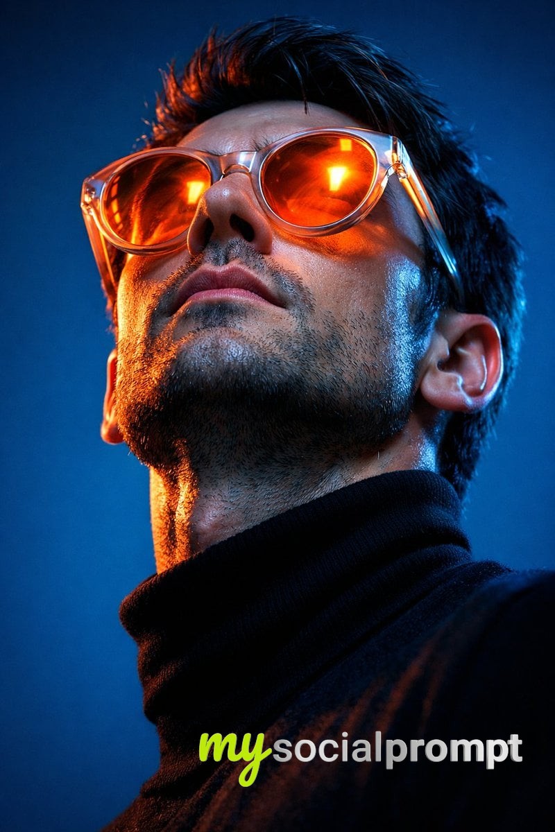 nanobanana prompt: Cyberpunk Neo-Noir Portrait with Cinematic Orange-Cyan Lighting - AI Prompt Image 2