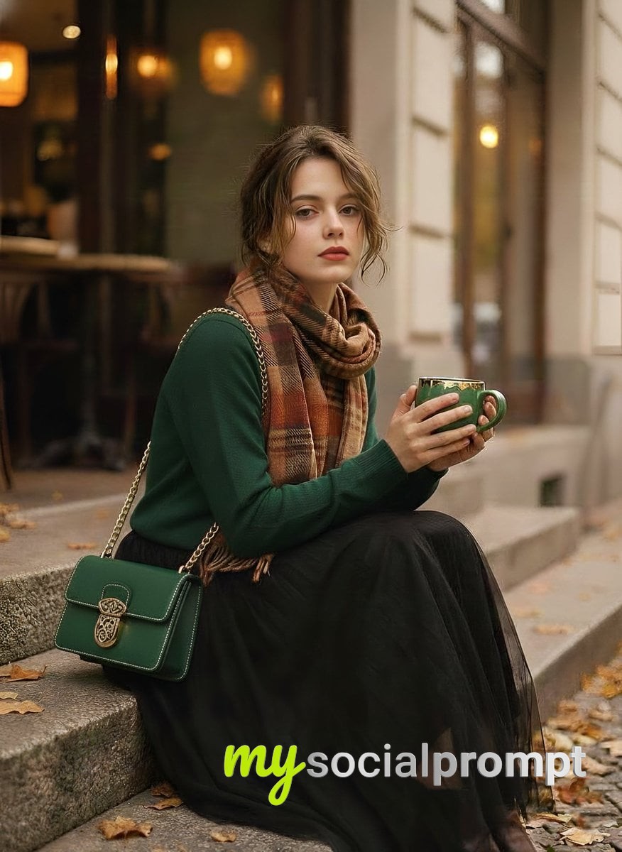 nanobanana prompt: 1970s Fashion Editorial Portrait with Vintage Autumn Café Aesthetic - AI Prompt Image 2