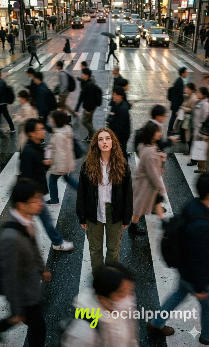 nanobanana prompt: Cinematic Crowd Blur Portrait with 35mm Film Aesthetic - AI Prompt Artwork