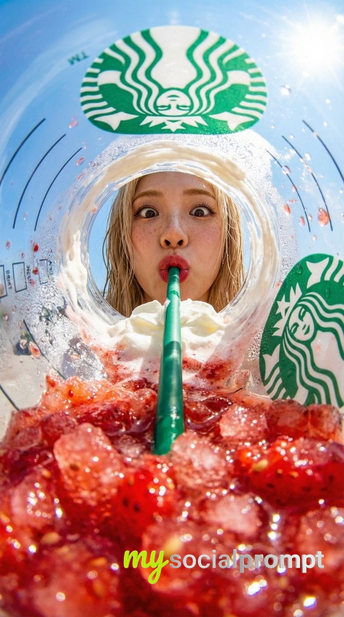 nanobanana prompt: Fisheye Strawberry Frappuccino Hyper-Realism with Cinematic Bokeh
