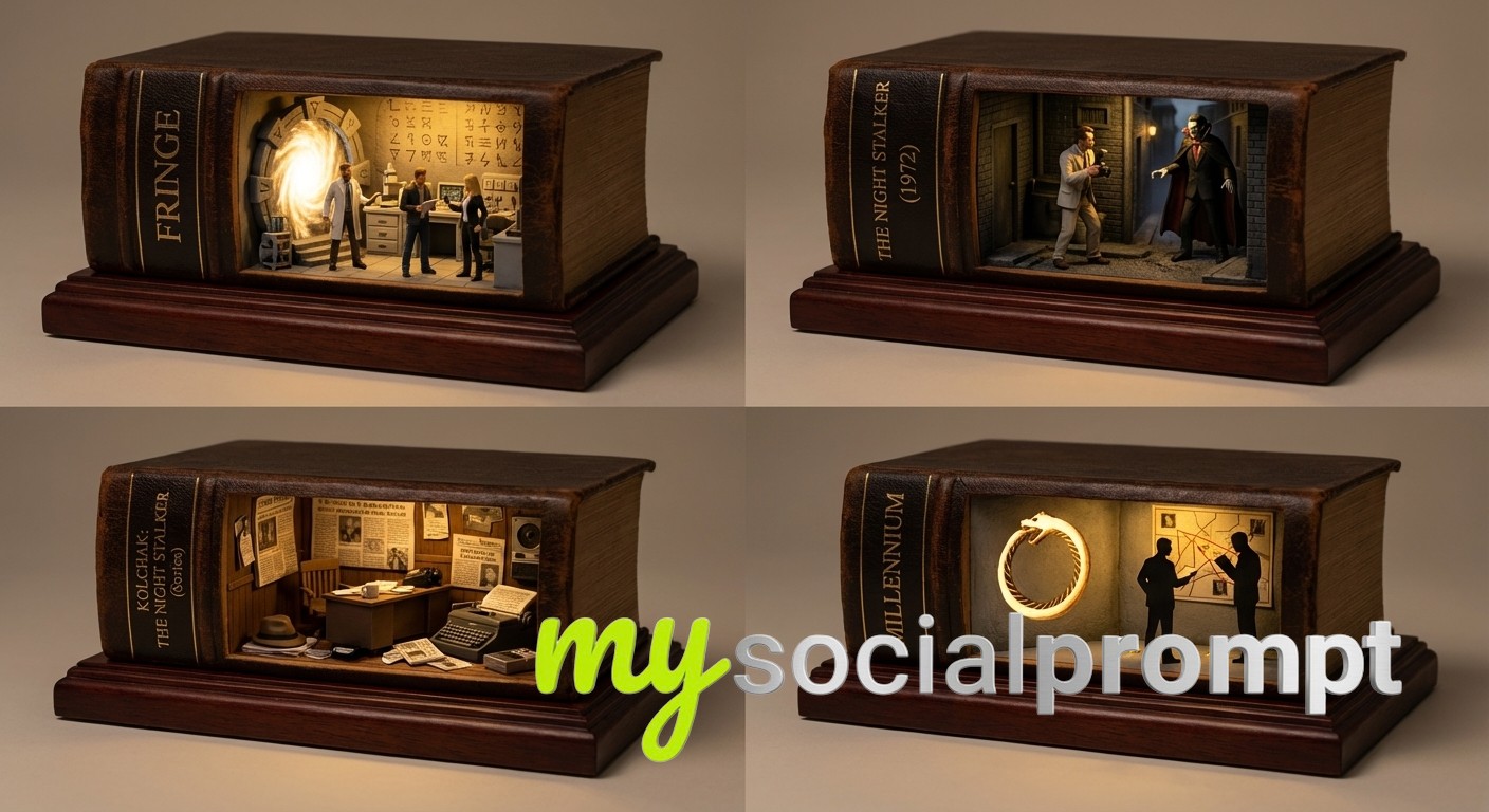 nanobanana prompt: Antique Book Diorama with Warm Cinematic Lighting