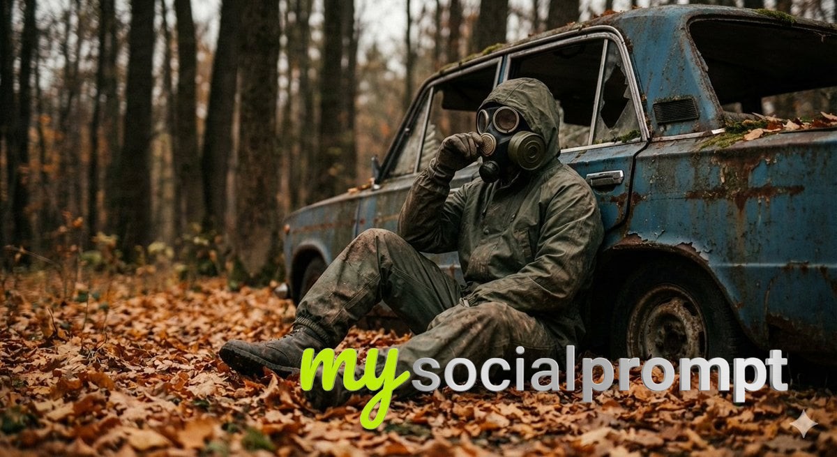 nanobanana prompt: Cinematic Lone Survivor Post-Apocalyptic Forest Scene - AI Prompt Image 2